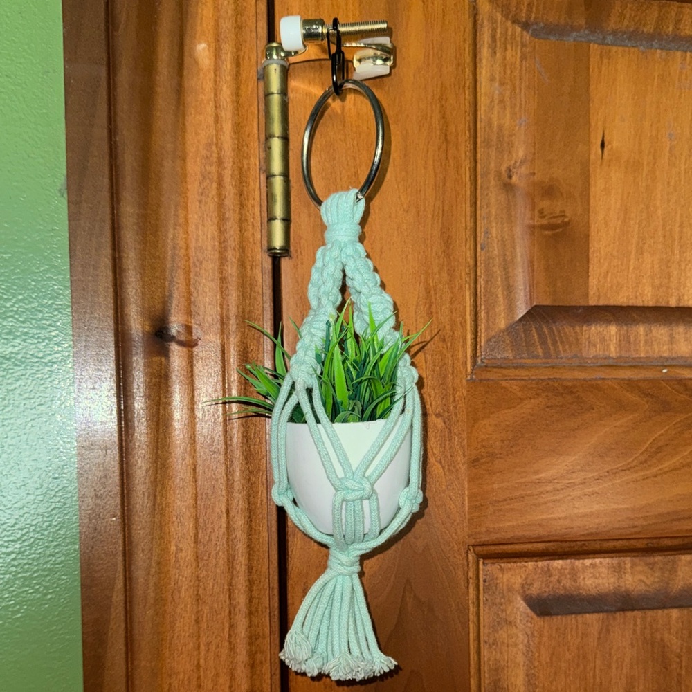Handmade Car Rear View Mirror - Macrame Hanging Planter in Mint Green